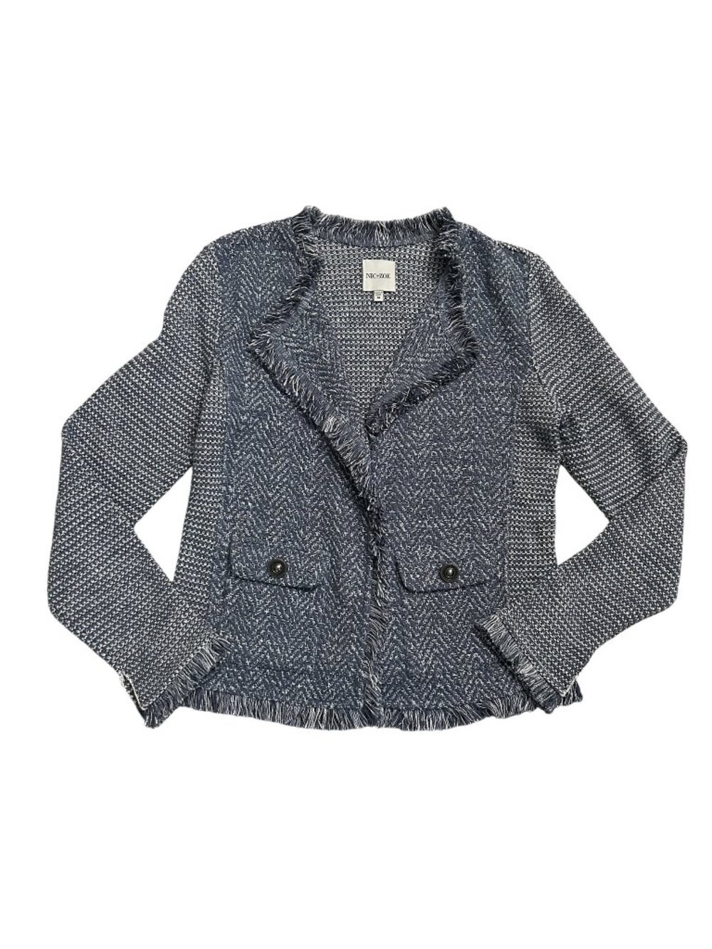 Nic+Zoe Size M Medium Tweed Fringe Open Front Blazer Jacket Bluish Gray NWOT
